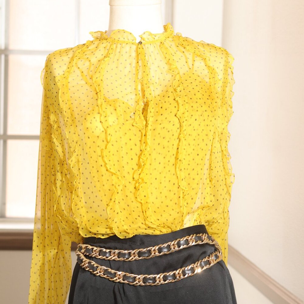 Sz 42  L Chanel Vintage 3-Piece Ruffled Yellow Silk w/Black Polkadots Chiffon Bl